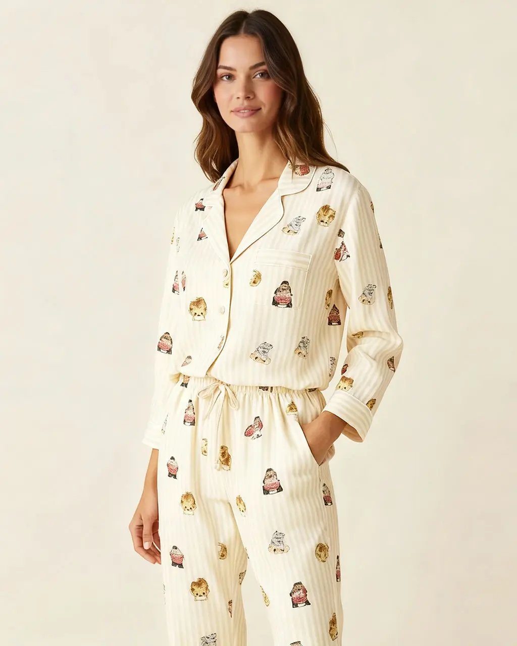 Fine Stripe Abstract Cute Print Lapel Tie-waist Pajama Set OMFORT