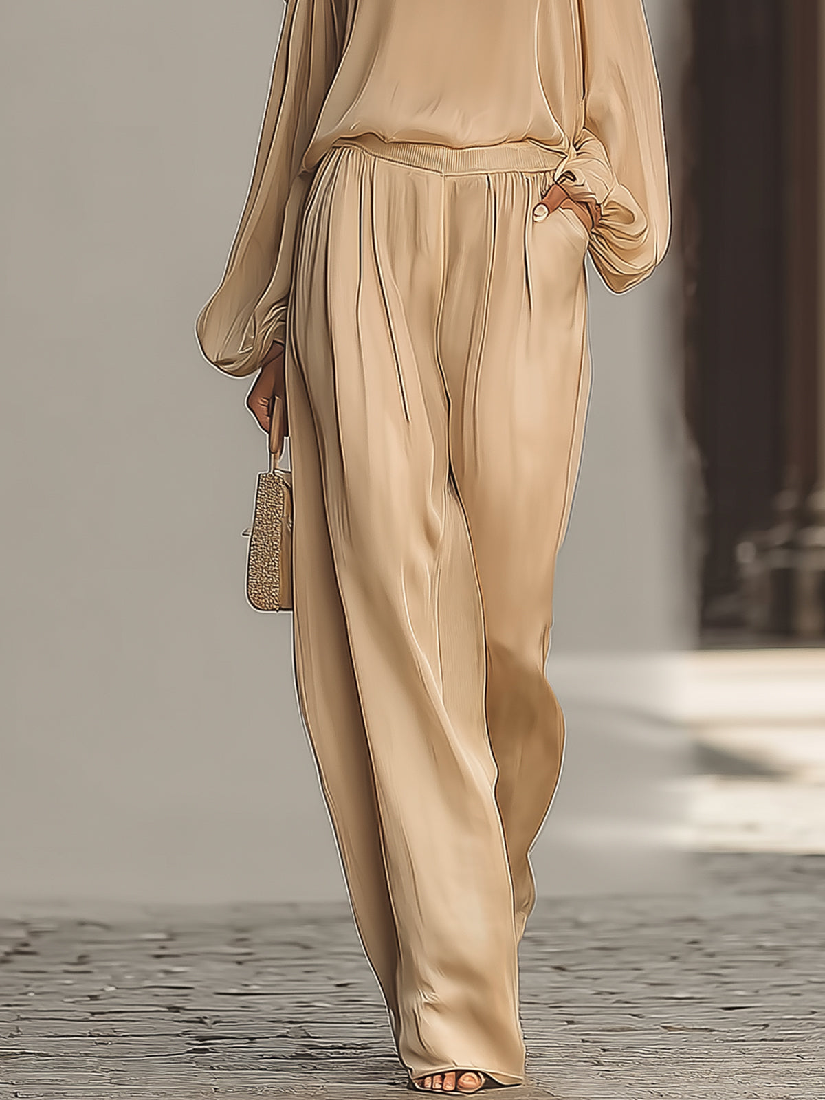 Off-the-shoulder Lantern Sleeve Satin Wide-leg Suit omfort
