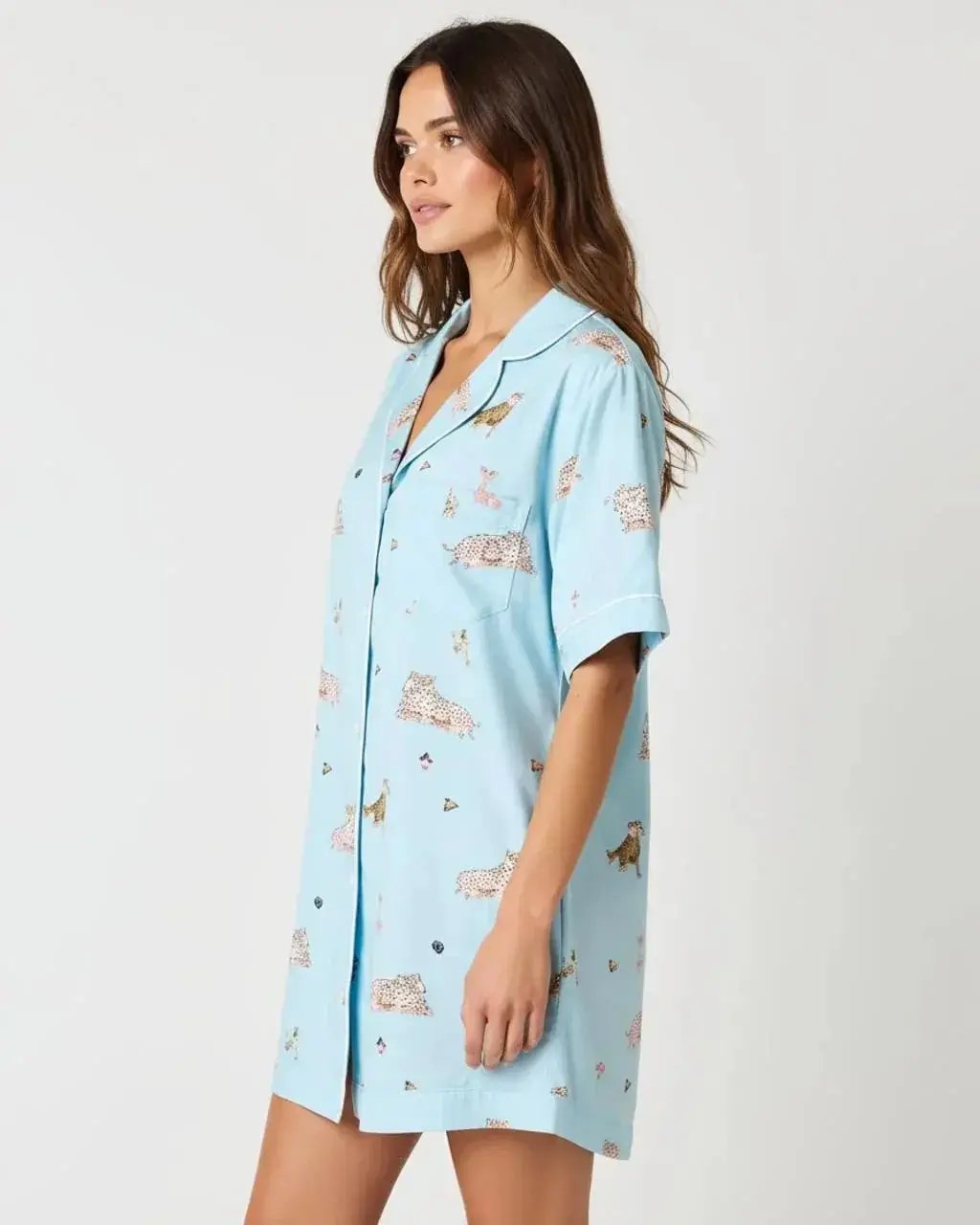 Lapel Leopard Print Shirt Dress Pajama Set OMFORT