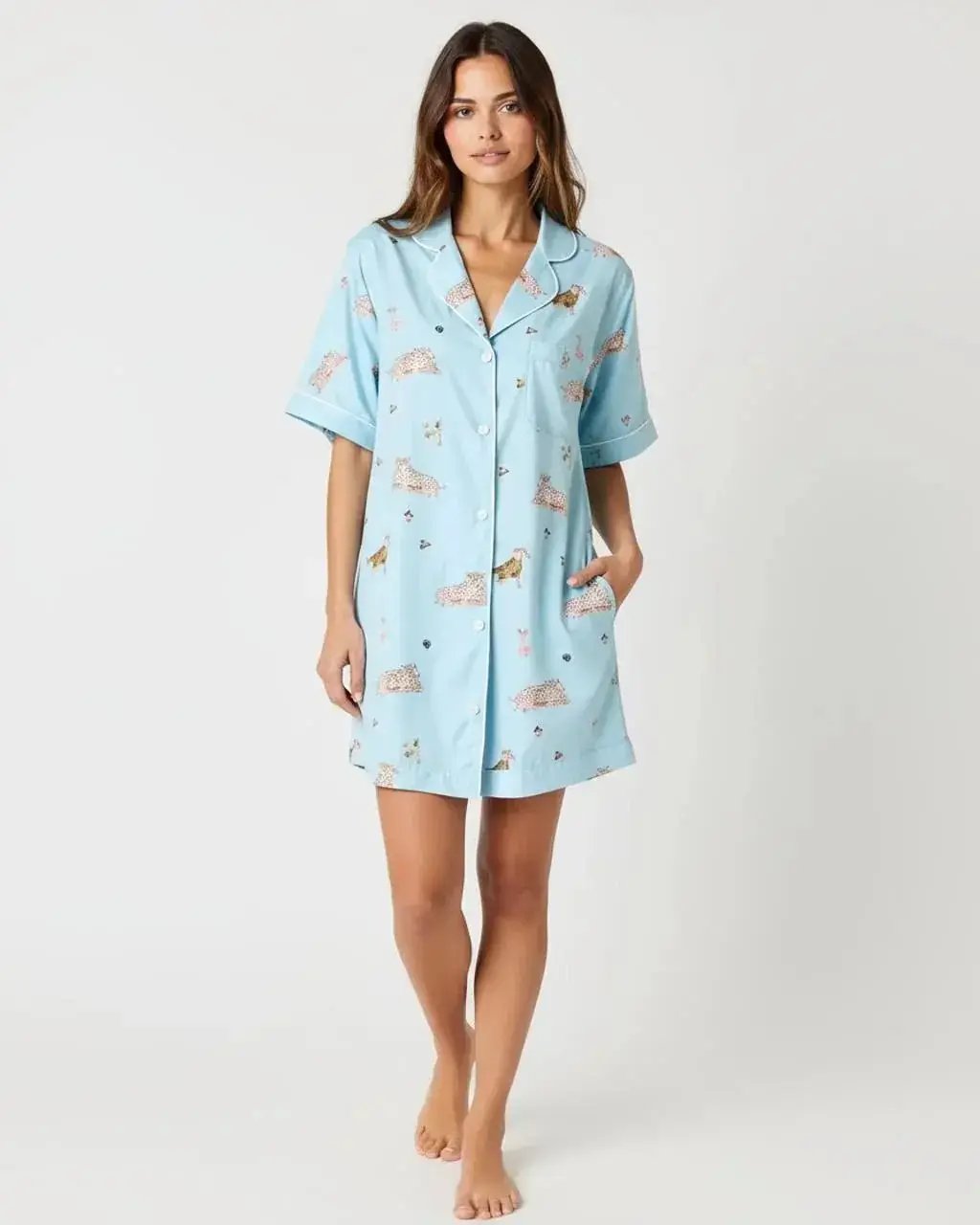 Lapel Leopard Print Shirt Dress Pajama Set OMFORT