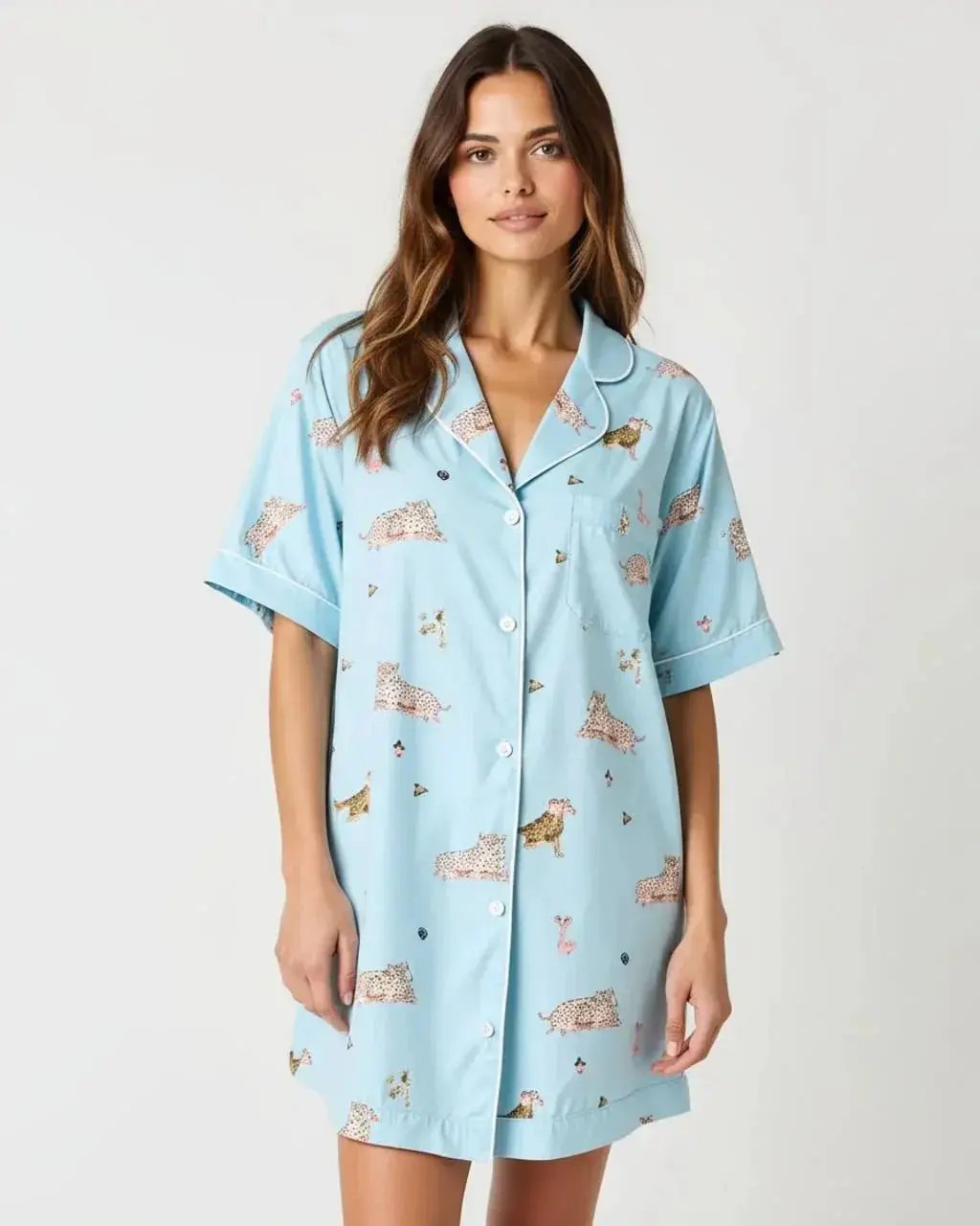 Lapel Leopard Print Shirt Dress Pajama Set OMFORT
