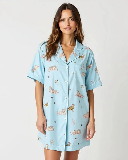 Lapel Leopard Print Shirt Dress Pajama Set OMFORT