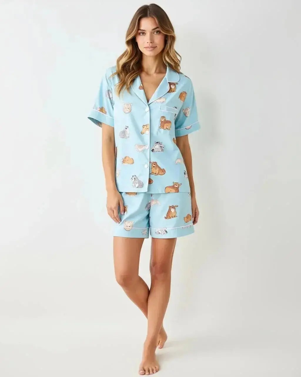 Fresh Light Blue Cat Print Pajama Set OMFORT