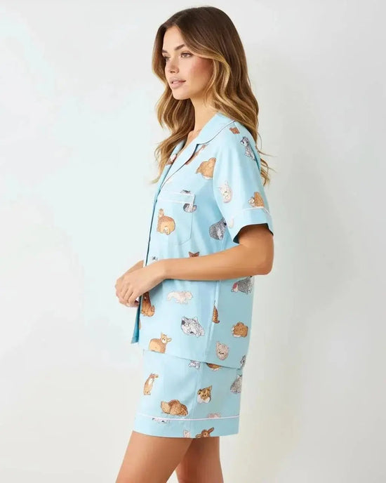 Fresh Light Blue Cat Print Pajama Set OMFORT