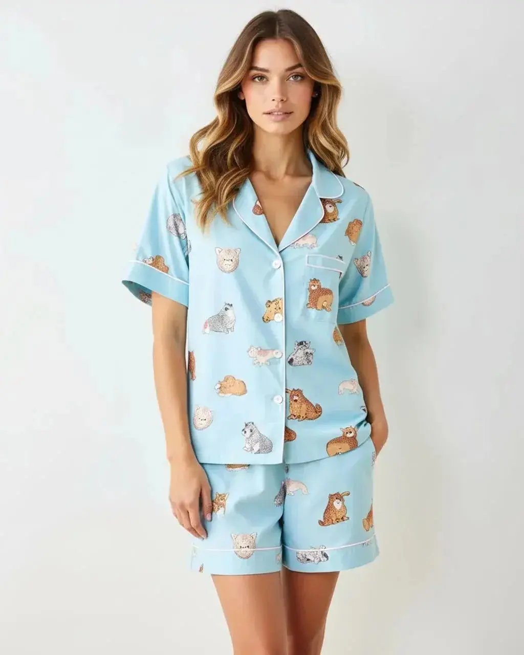 Fresh Light Blue Cat Print Pajama Set OMFORT