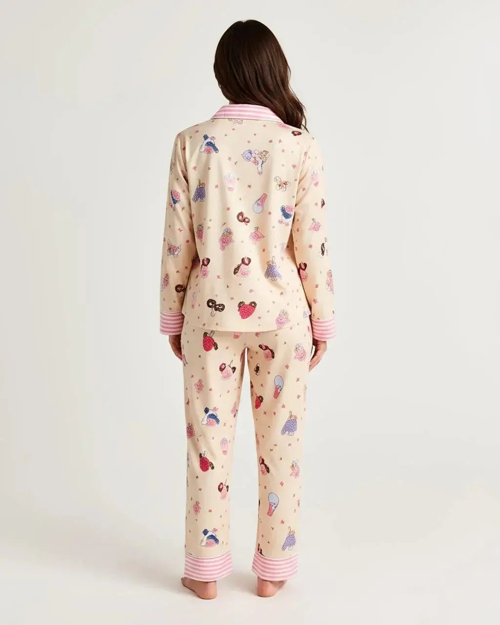 Pink Cartoon Print Stripe Trim Pajamas OMFORT