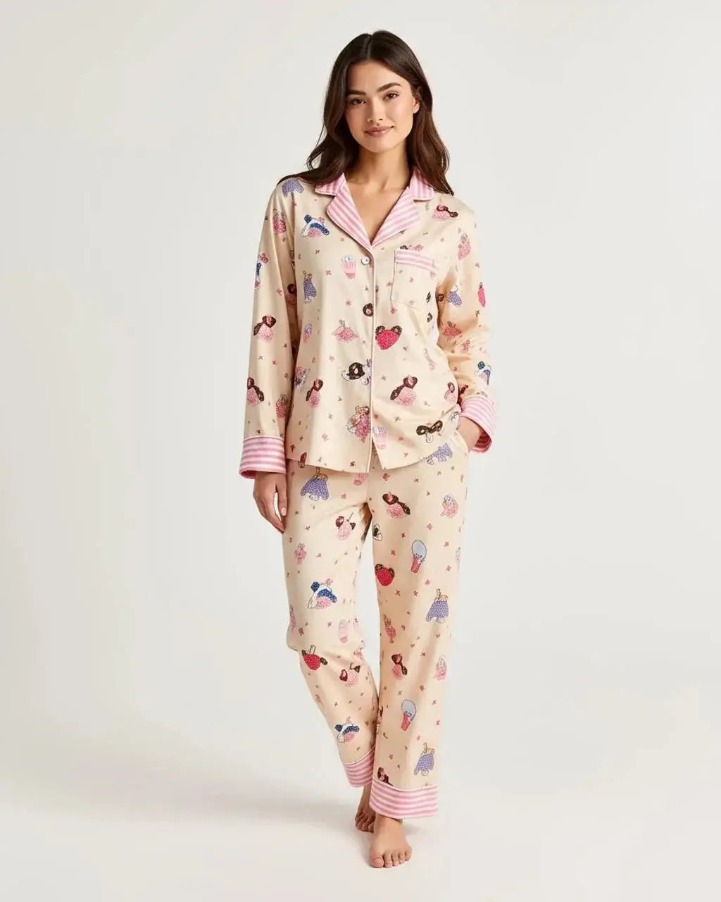 Pink Cartoon Print Stripe Trim Pajamas OMFORT