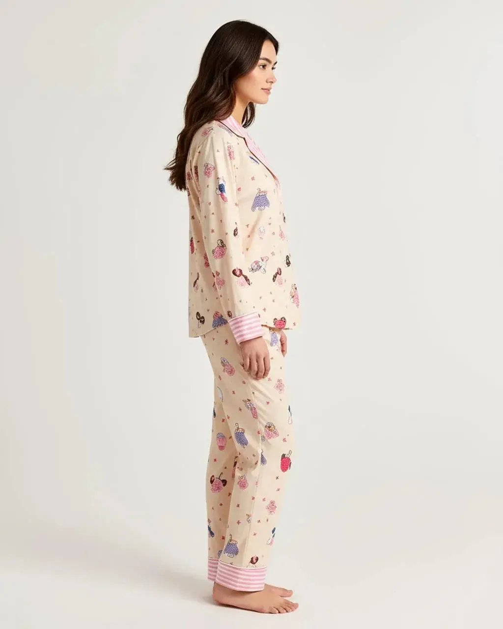 Pink Cartoon Print Stripe Trim Pajamas OMFORT