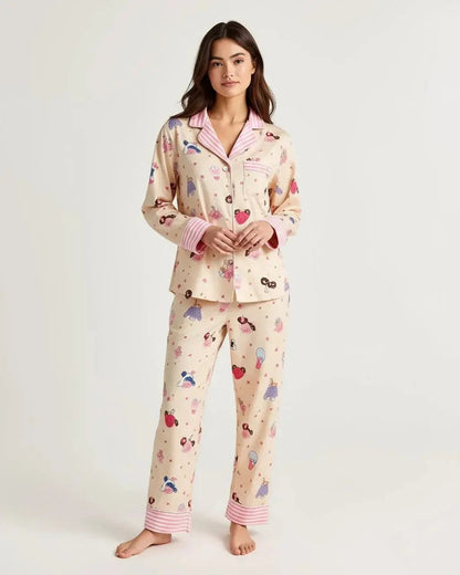 Pink Cartoon Print Stripe Trim Pajamas OMFORT