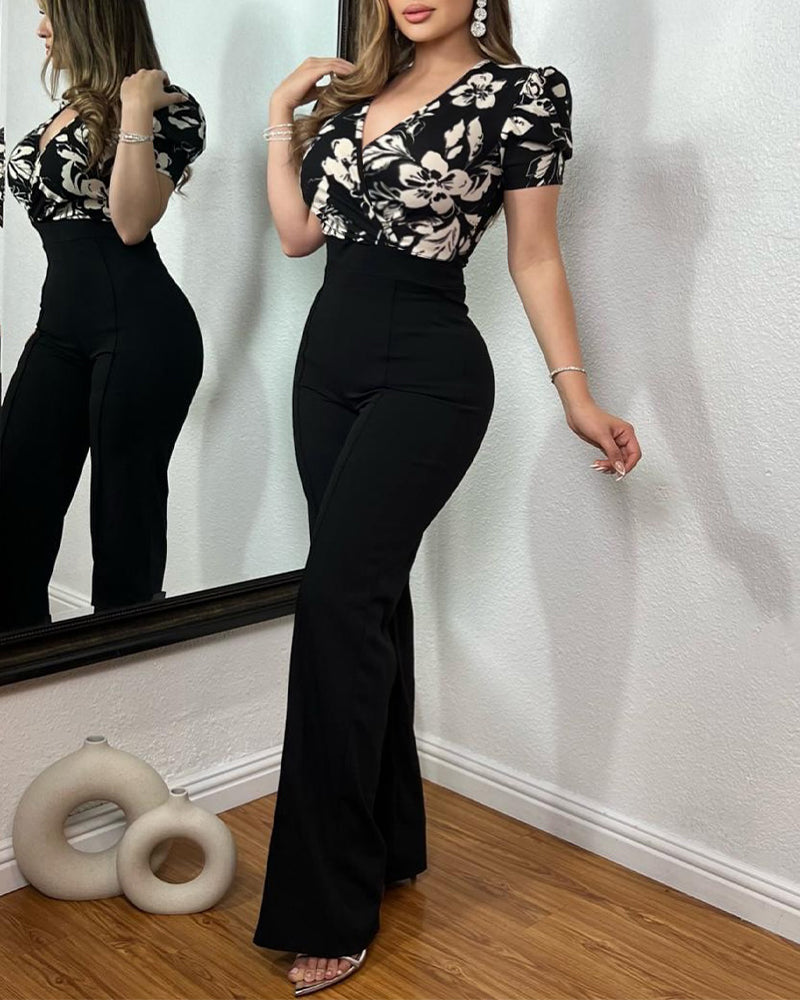 Colorblock Floral Print Spliced Deep V Neck Puff Sleeve Slim Fit Overalls Elegant Ruched Zipper Back Jumpsuit Omfort