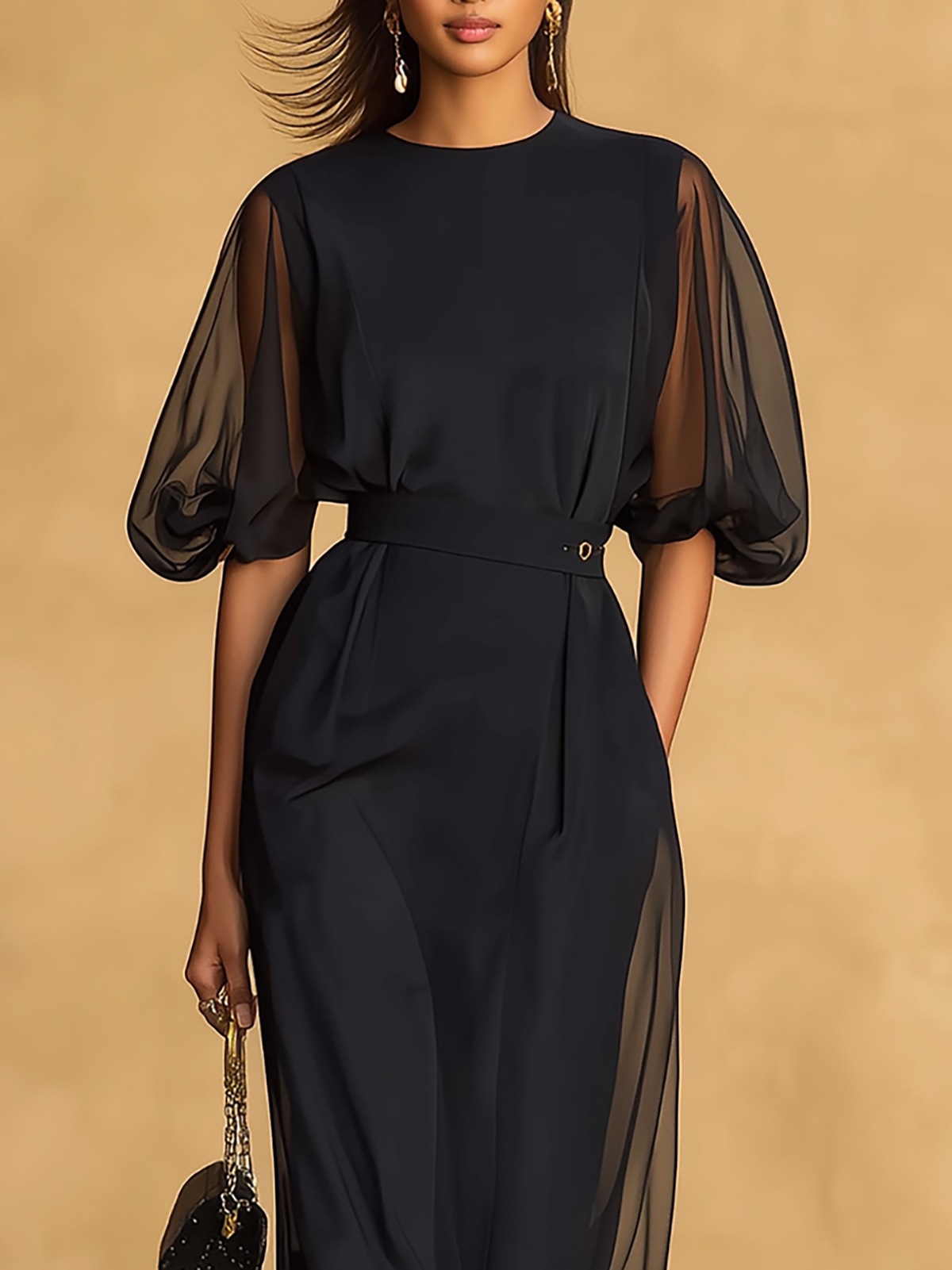 Elegant Two Piece Sheer Sleeve Top And Skirt Set omfort