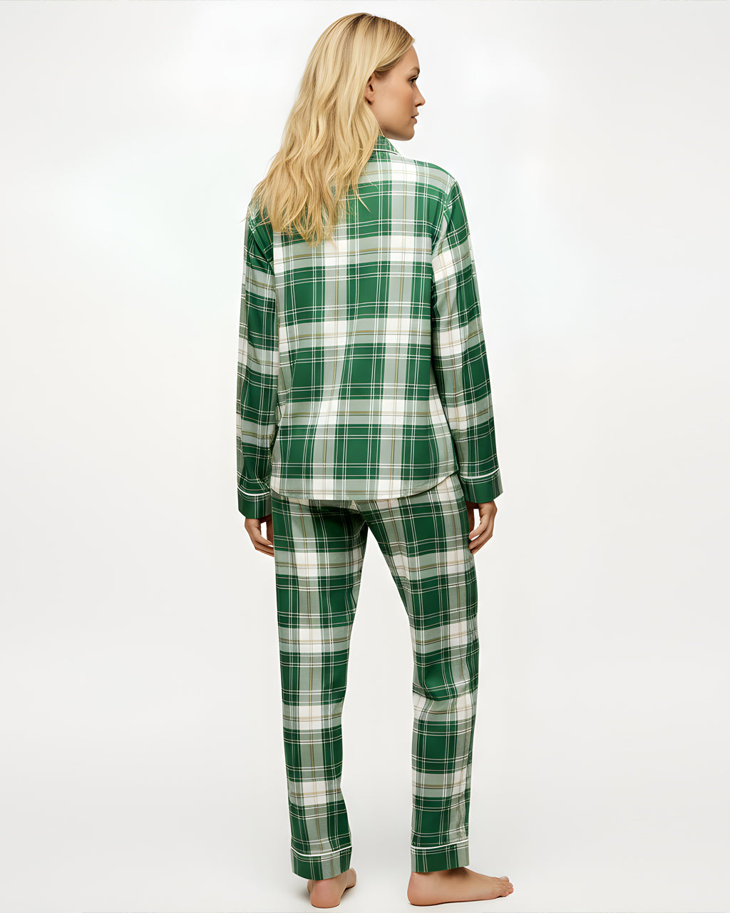 Green Plaid Long Pajama Set OMFORT