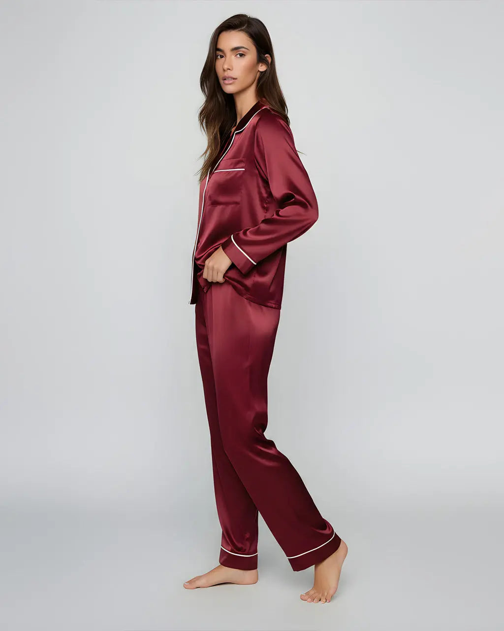 Comfy Solid Red Satin Pajama Set OMFORT