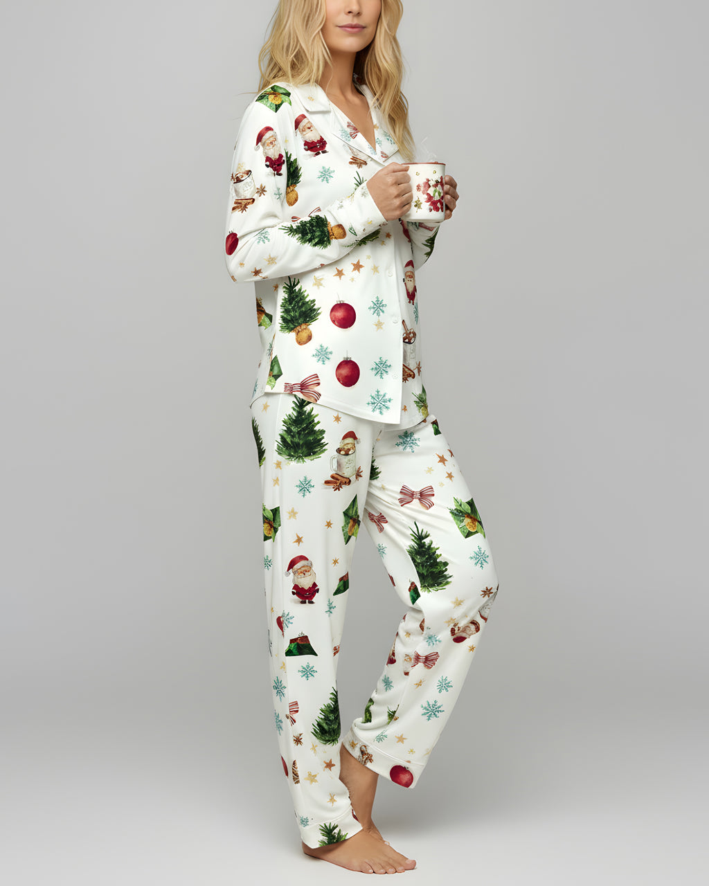 Christmas Santa Tree Print Pajama Set OMFORT