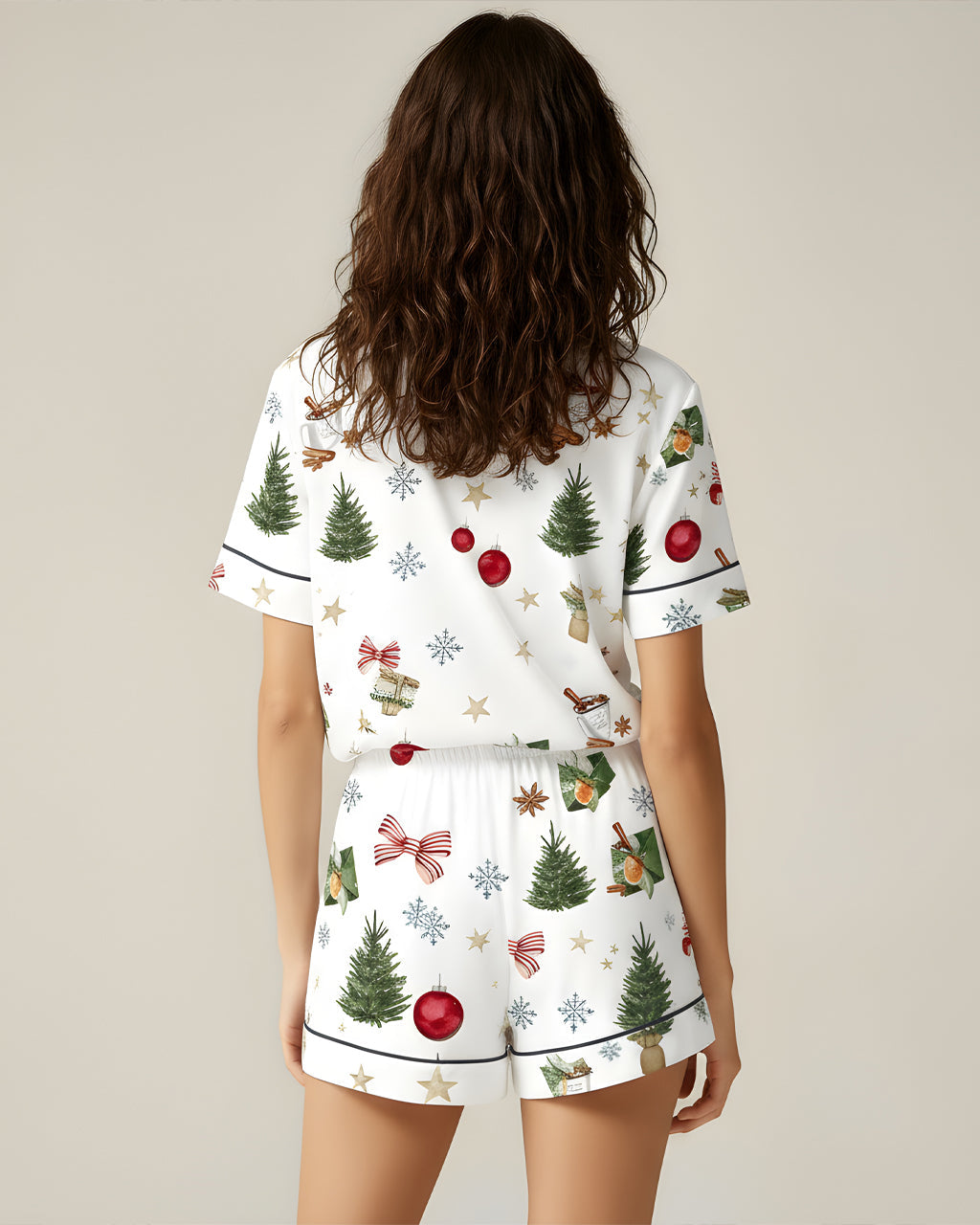 Christmas Holiday Tree Print Short Pajama Set OMFORT