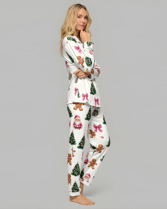 Christmas Gingerbread Man Bow Print Pajama Set OMFORT