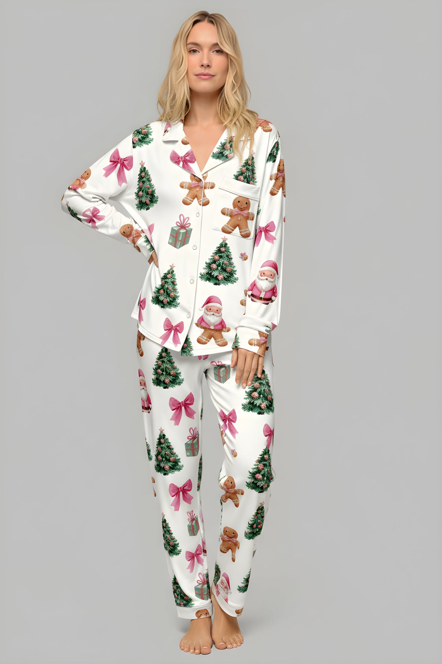 Christmas Gingerbread Man Bow Print Pajama Set OMFORT
