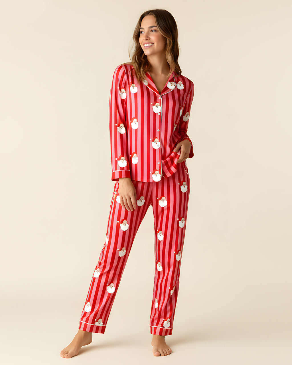 Christmas Santa Stripe Print Pajama Set OMFORT