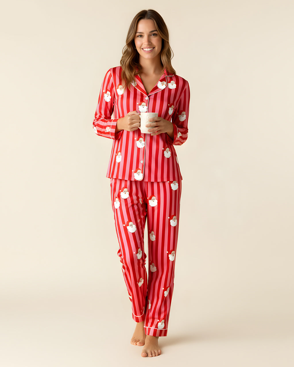 Christmas Santa Stripe Print Pajama Set OMFORT