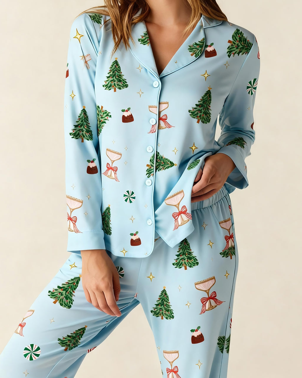 Christmas Tree Cocktail Print Pajama Set OMFORT