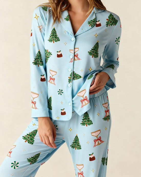 Christmas Tree Cocktail Print Pajama Set OMFORT