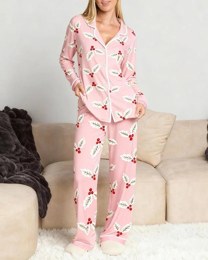 Holly Leaves Print Pajama Set OMFORT
