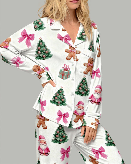 Christmas Gingerbread Man Bow Print Pajama Set OMFORT