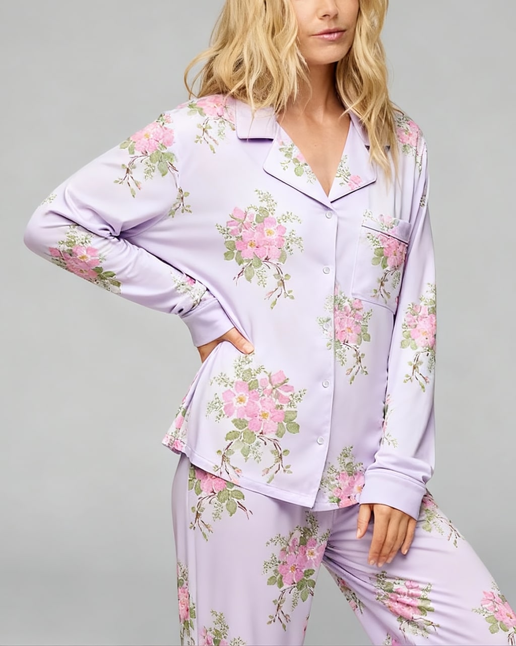 Elegant Purple Floral Print Pajama Set OMFORT