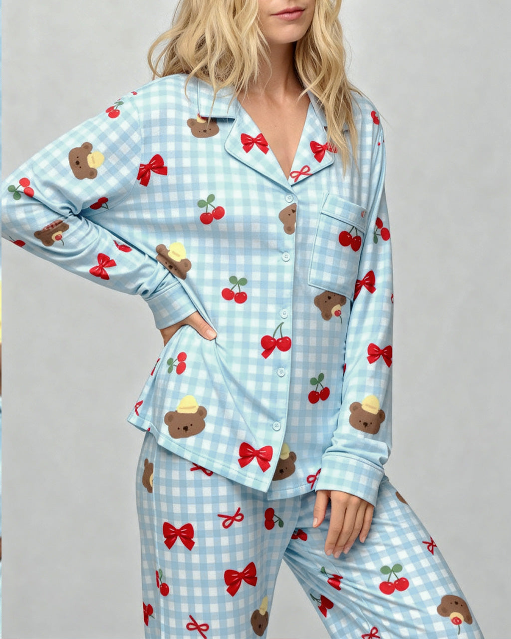 Fresh Blue Checkered Cherry Bear Print Pajama Set OMFORT