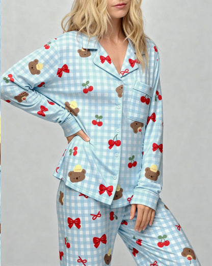 Fresh Blue Checkered Cherry Bear Print Pajama Set OMFORT
