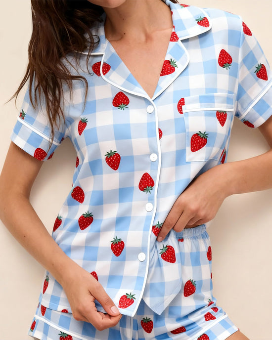 Strawberry Blue Whiteful Checkered Print Pajama Set OMFORT