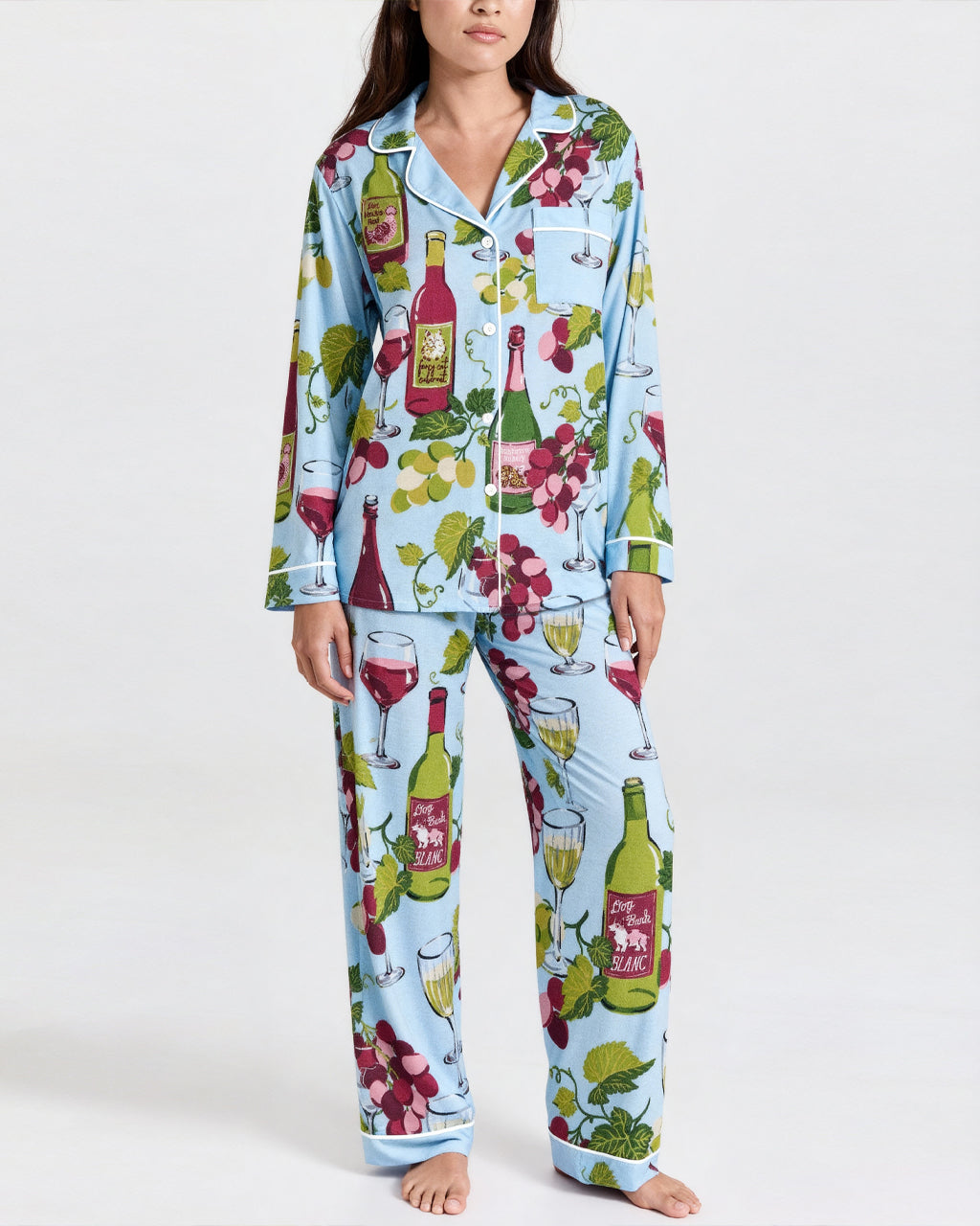 Grapes Wine Bottles Print Pajama Set OMFORT