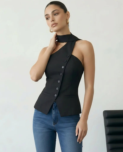 SOLACE  Black Asymmetrical One Shoulder Neck Tie Blouse?