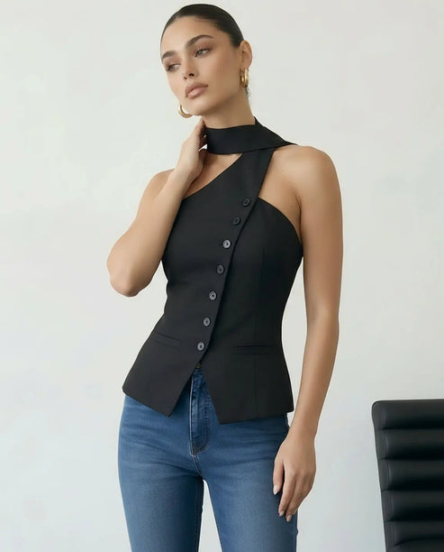 SOLACE  Black Asymmetrical One Shoulder Neck Tie Blouse?