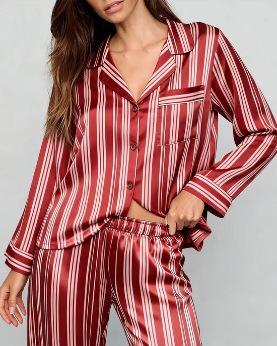 Long Sleeve Satin Three Stripes Pajama Set OMFORT