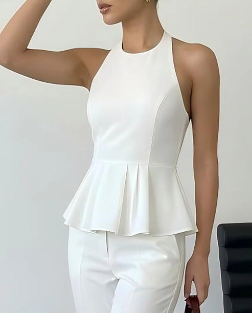 SOLACE  White Halter Neck Peplum Blouse?