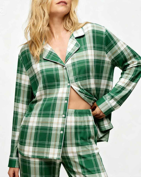 Green Plaid Long Pajama Set OMFORT