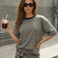 SOLACE  Beige Black Stripe Contrast Collar Oversized Short Sleeve T-Shirt Wide Leg Shorts Set?