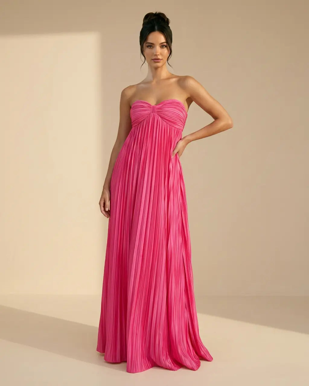 SOLACE  Fuchsia Pink Pleated Fabric Flowy Fit Maxi Dress?