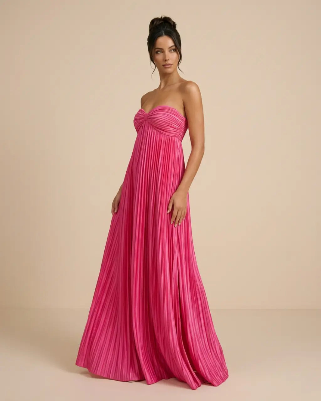 SOLACE  Fuchsia Pink Pleated Fabric Flowy Fit Maxi Dress?