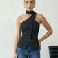 SOLACE  Black Asymmetrical One Shoulder Neck Tie Blouse?