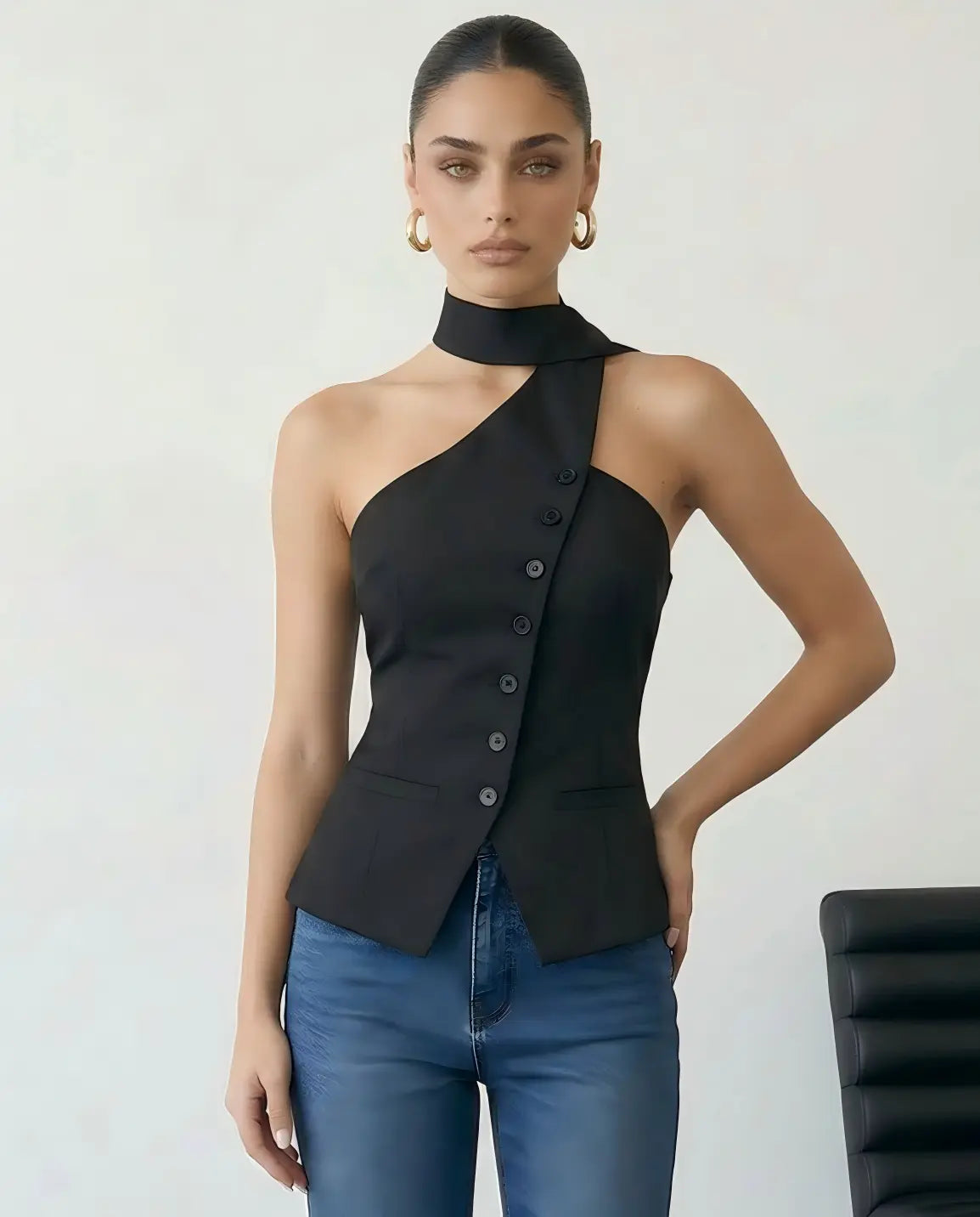SOLACE  Black Asymmetrical One Shoulder Neck Tie Blouse?