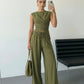SOLACE  Army Green Sleeveless Wrap Top Wide Leg Pants Set?