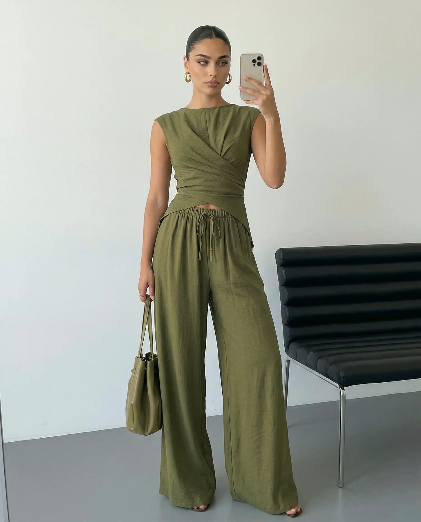 SOLACE  Army Green Sleeveless Wrap Top Wide Leg Pants Set?