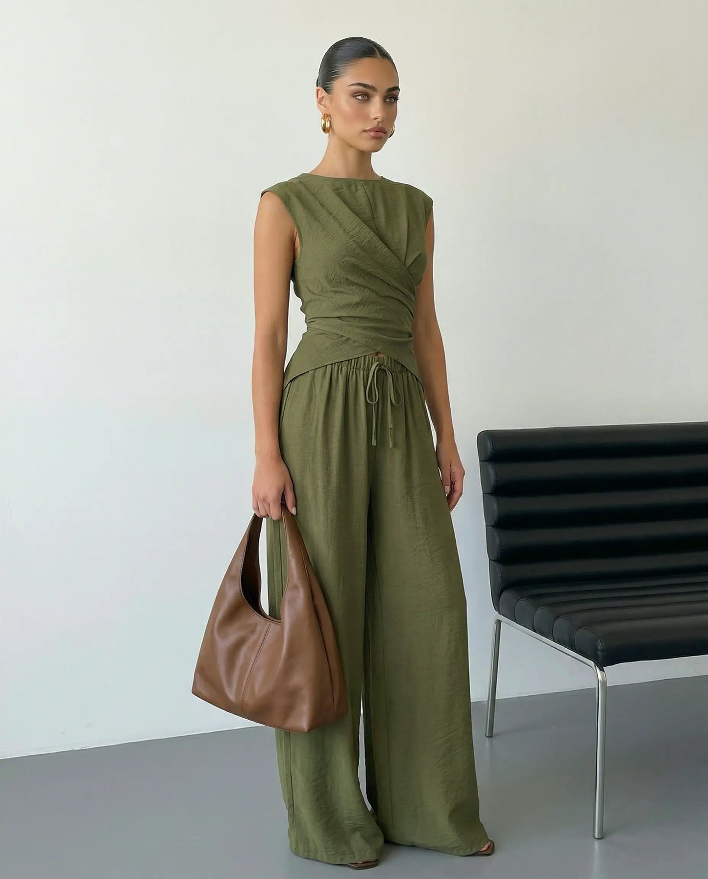 SOLACE  Army Green Sleeveless Wrap Top Wide Leg Pants Set?