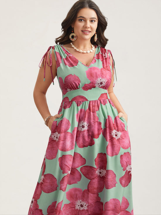 Floral Print V-Neck Tied Midi Dress OMFORT