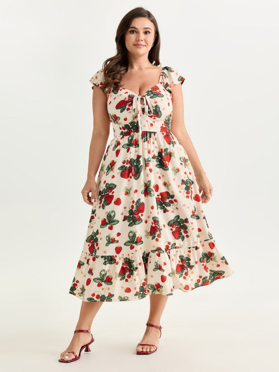 Strawberry Print Ruched Adjustable Bodice Midi Dress OMFORT