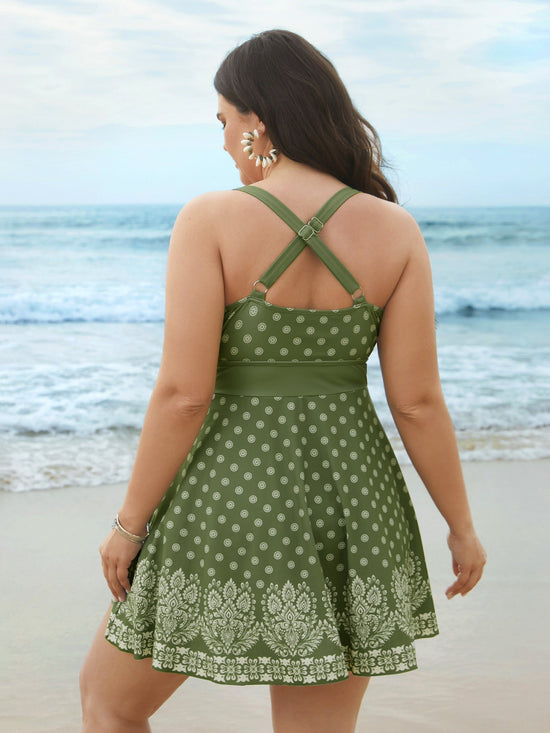 Boho Print Waist-Tie Surplice Neck Swim Dress OMFORT
