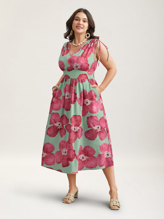 Floral Print V-Neck Tied Midi Dress OMFORT