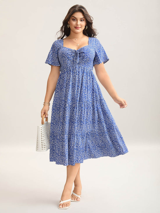 Ditsy Floral Sweetheart Drawstring Pocket Tiered Dress OMFORT